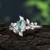 Nature-Inspired 6 Prong Branch Oval-Cut Natural Moss Agate Engagement Ring